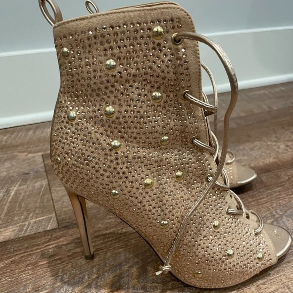 Rhinestone Booties, Laced Up Booties, Nude Heels - Picture 4 of 7
